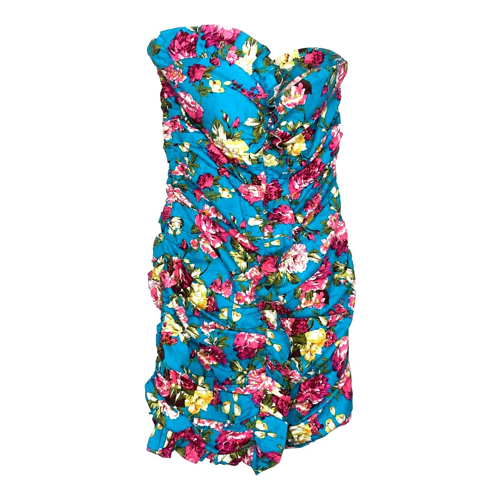 Mable Ruched Mini Dress Bright Floral Strapless Y2K Coquette Blue MD3967 Small